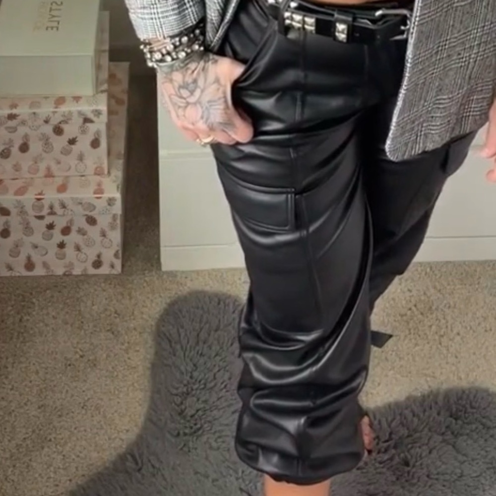Madden NYC Black Faux Leather Cargo Jogger Pants - Picture 2 of 8